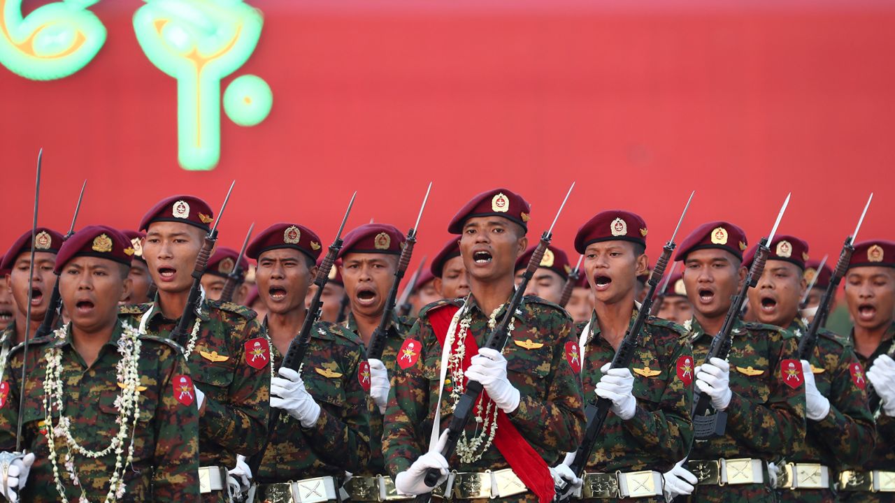 Military officers march during a parade to commemorate Myanmar's 78th Armed Forces Day in Naypyidaw, Myanmar, Monday, March 27, 2023.