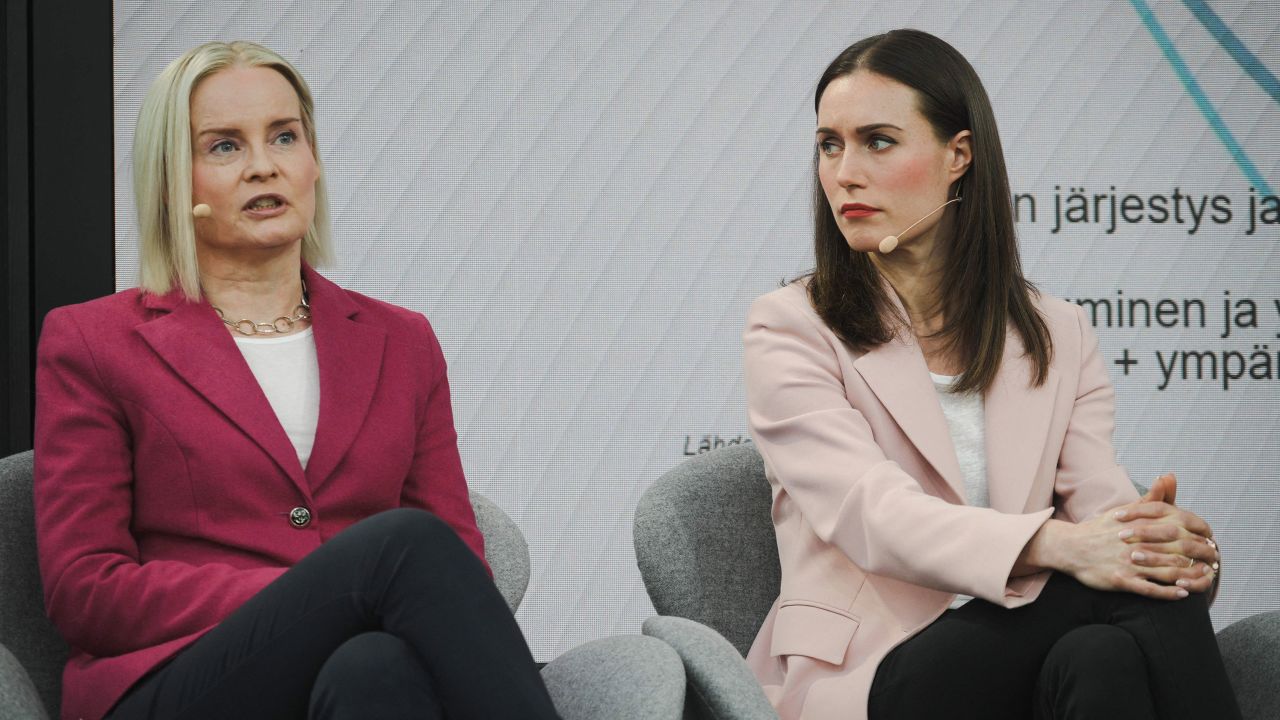 Chairperson of the Finns Party Riikka Purra and Finnish Prime Minister Sanna Marin during a political debate in Helsinki on March 28, 2023.