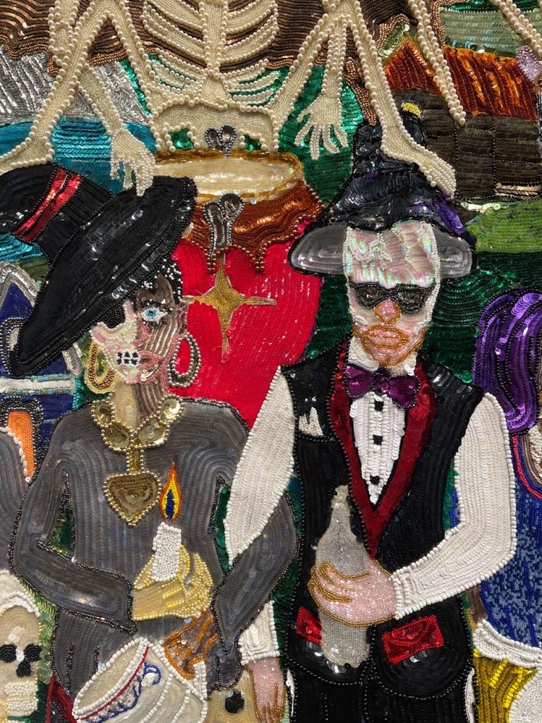 Reincarnation Des Morts, detail, 110 x 111 inchex. Beads, sequins, tassels on fabric. 2022