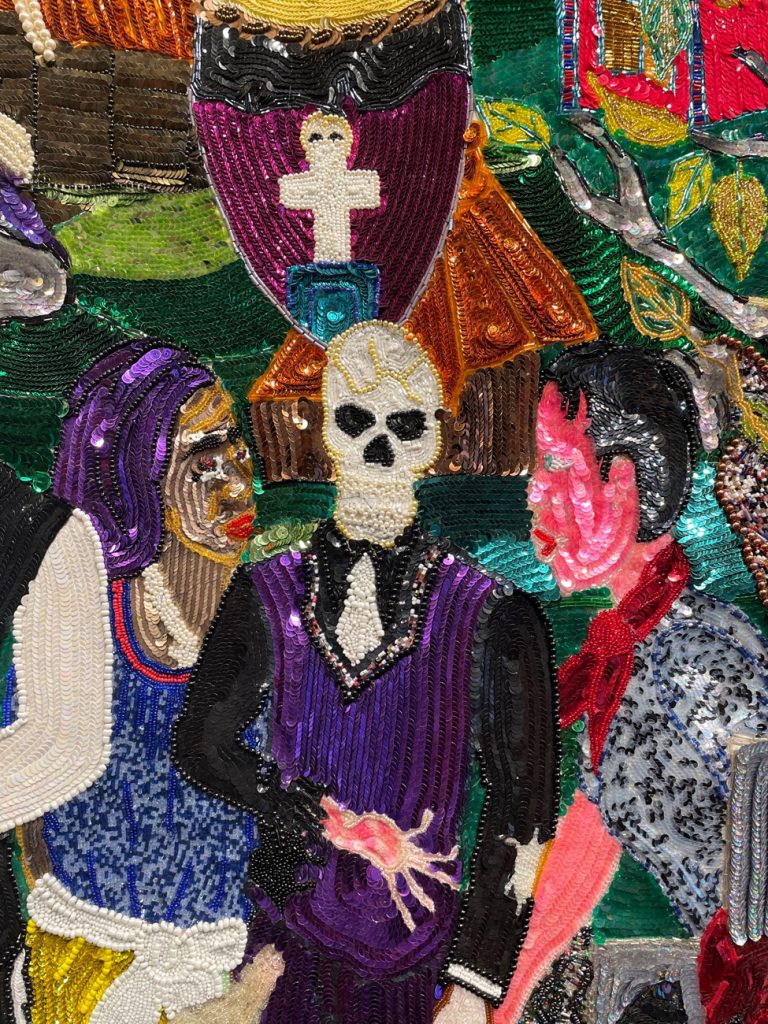 Reincarnation Des Morts, detail, 110 x 111 inchex. Beads, sequins, tassels on fabric. 2022