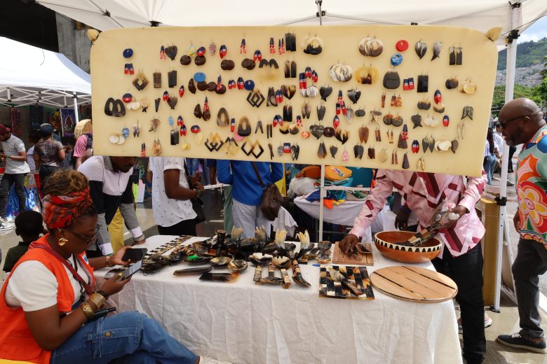 Handcrafted jewelry made from plastic, horn and wood, designed for women, on display at the first edition of Gwoup Eritaj’s Agricultural and Artisanal Resistance Fair in Pétion-Ville, Port-au-Prince, on May 1, 2025. Photo by Dieugo André for The Haitian Times.