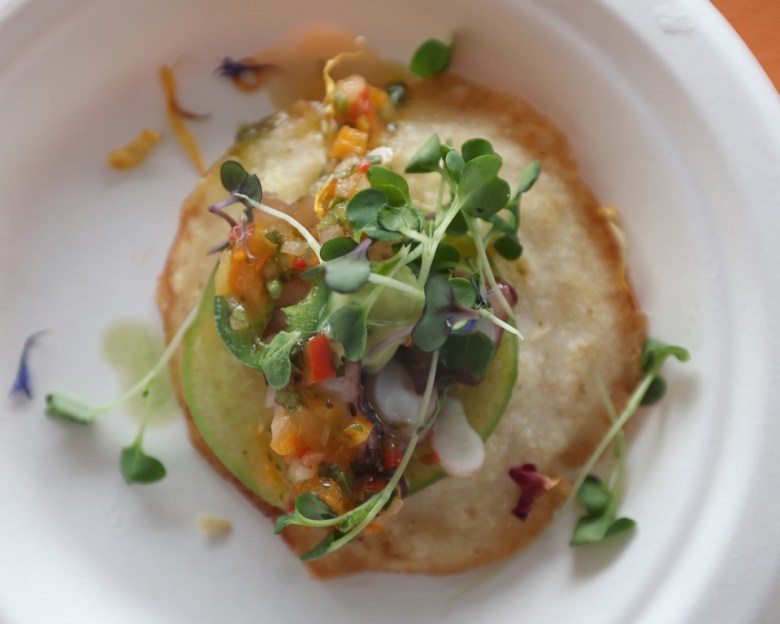 Arepa crackers with shrimp and octopus carpaccio, guasacaca, and passion fruit vinaigrette prepared by Chef Vanessa Ceballos of Venezuela at the Creole Food Festival in Brooklyn on Saturday, Sept. 27, 2025. The dish sold out quickly at Emily Roebling Plaza under the Brooklyn Bridge. Photo by Bill Farrington.
