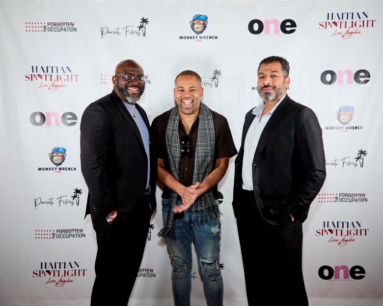 From left, producer Hans Augustave, director Alain Martin and Haitian historian Felix Jean-Louis at the Los Angeles premiere of “The Forgotten Occupation.” Jean-Louis appears in the documentary as a historical expert examining the long-term impact of the U.S. occupation of Haiti. Photo courtesy of David S. Coy II