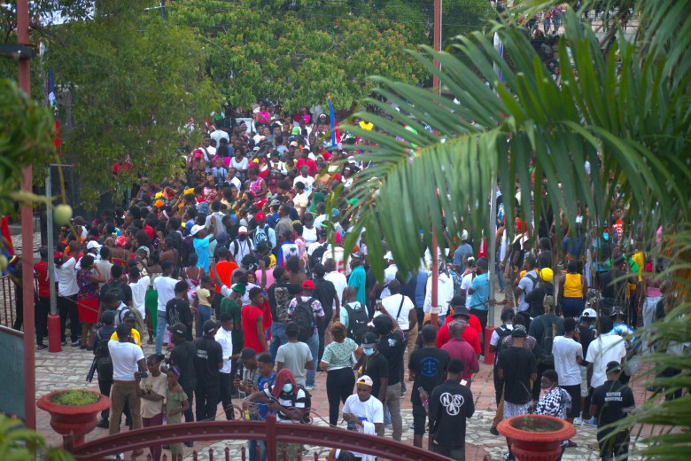 Hundreds gather at Place d’Armes as Lafond celebrates her victory, a moment that quickly turned into a show of national pride and unity. Photo by Onz Chéry/ The Haitian Times