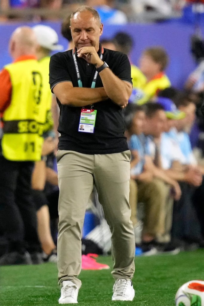 Haiti head coach Sebastien Migne looks on during the World Cup Group C soccer match between Haiti and Scotland in Foxborough, Mass., near Boston, Saturday, June 13, 2026. (AP Photo/Charlie Krupa)