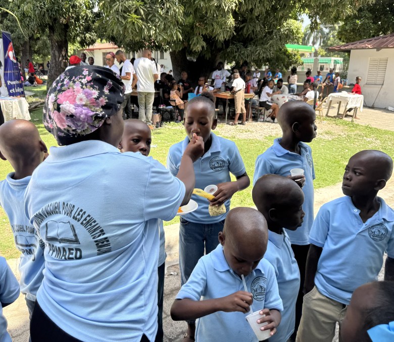 Some orphans who attended the first edition of “Let’s Play Together” leave Lycée Anacaona in Léogâne on Saturday, Aug. 15, 2026. Photo by Daniella Saint-Louis for The Haitian Times.
